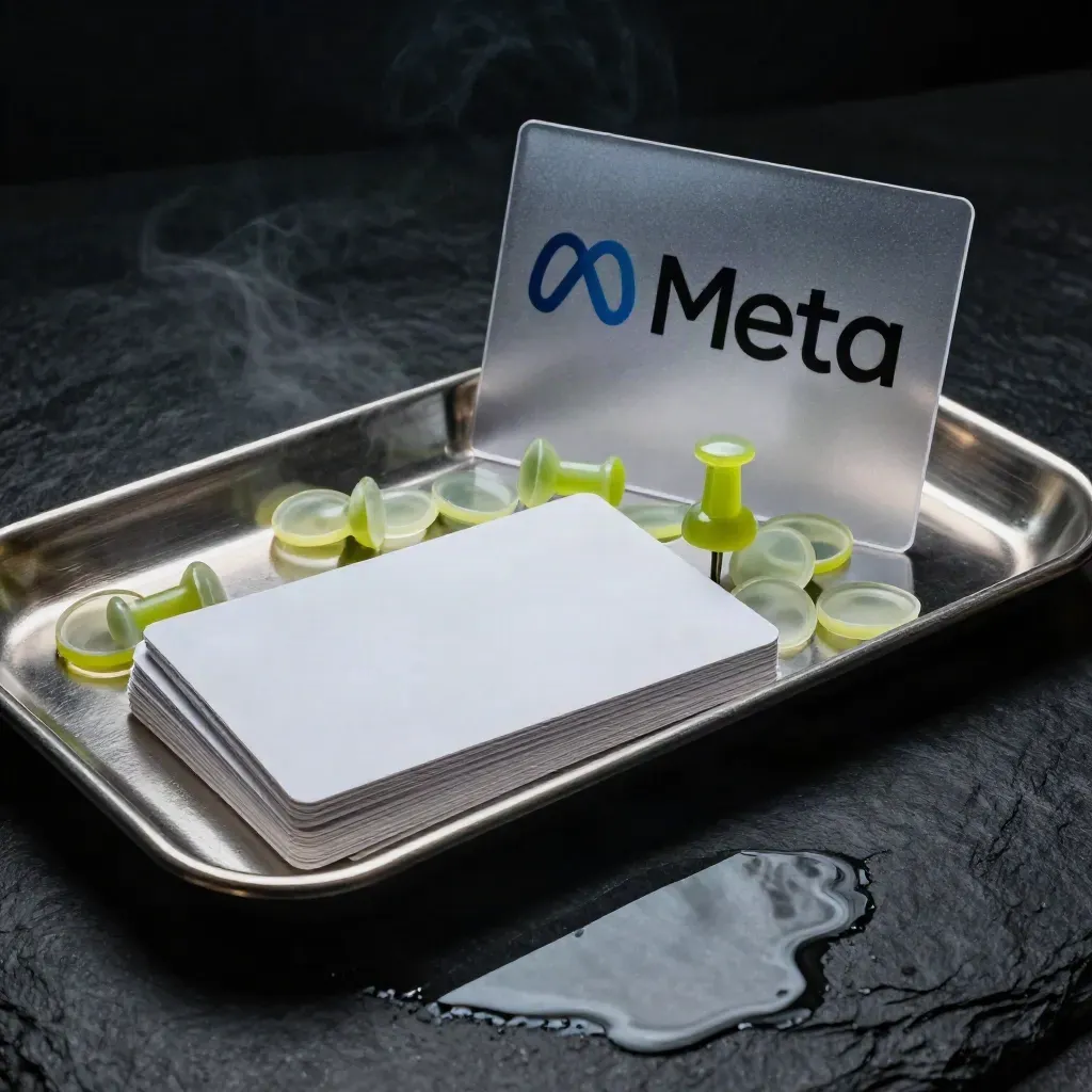 Kit kempen Meta Ads dengan token peta hijau limau dan dulang logam di atas batu hitam basah.