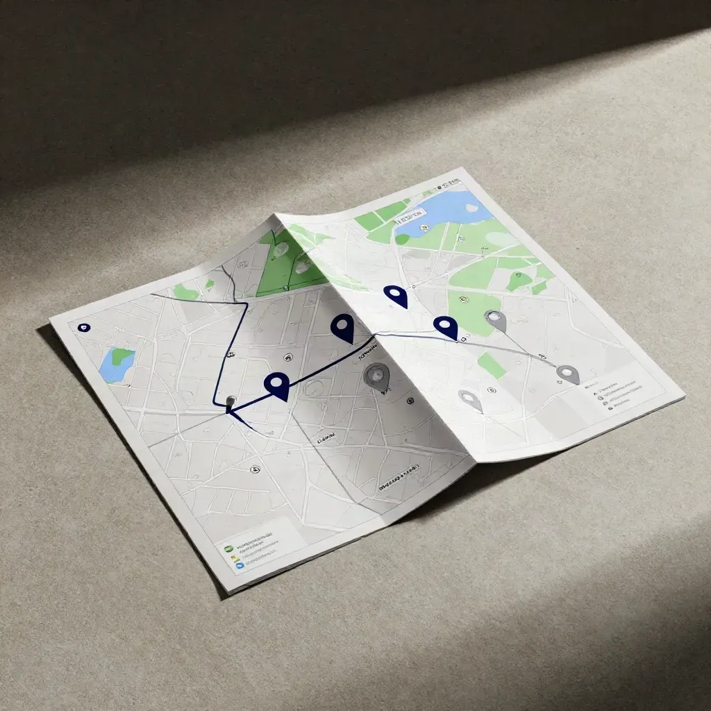 Susun atur rata Carian Google Maps di atas konkrit cerah, kemas dan moden
