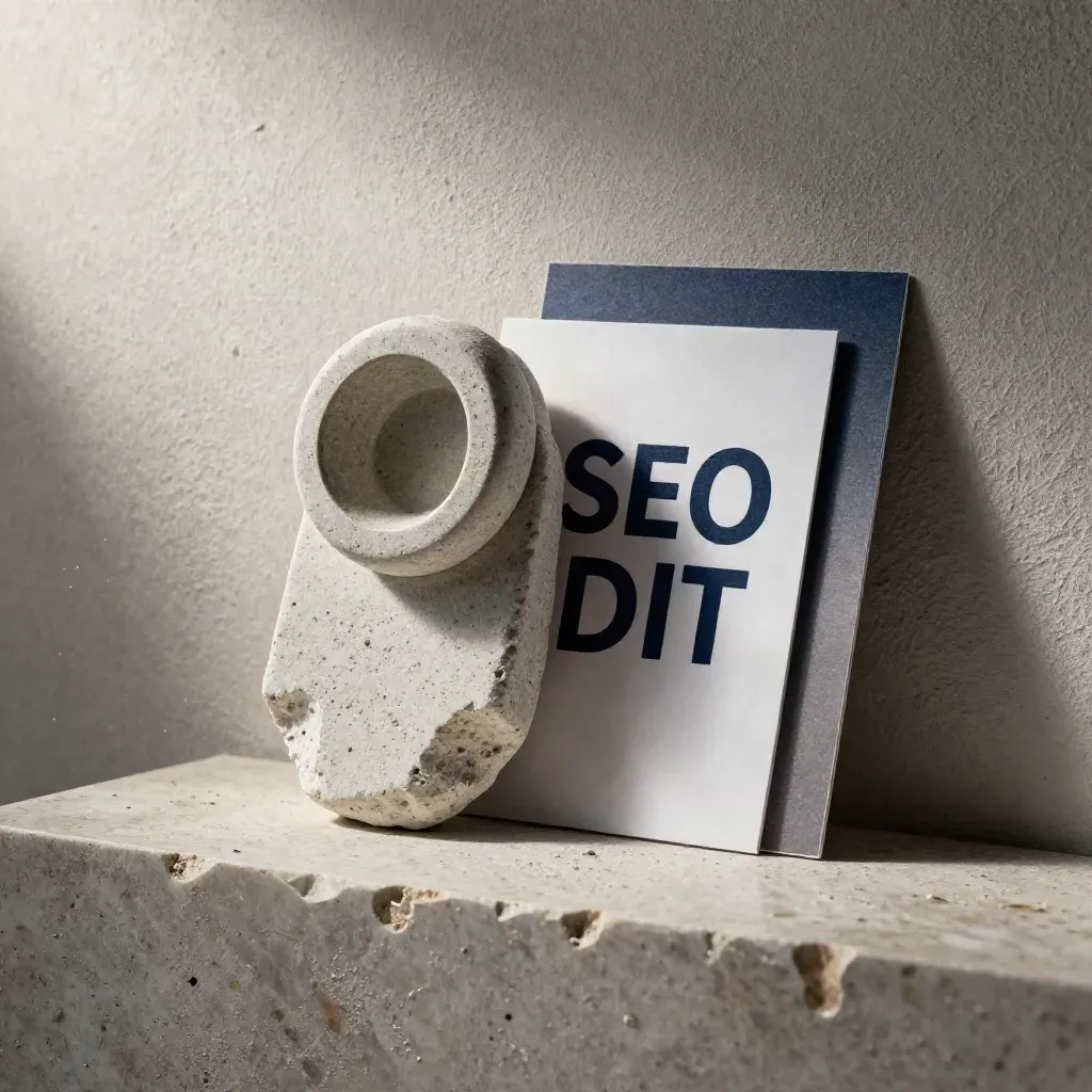 Kit SEO tempatan di atas plinth batu, dengan kad audit dan token pin alamat.