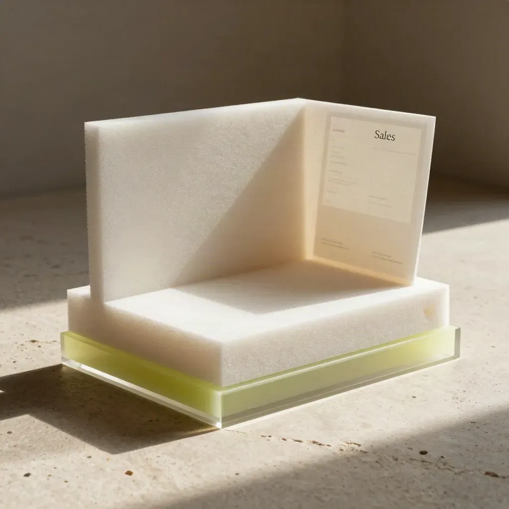 Prototip halaman jualan di atas batu kapur dengan panel foam berlapis dan jalur hero bergulung.