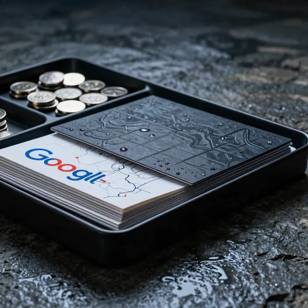 Kit audit Google Maps di atas batu basah, cahaya dramatik, wap sejuk dan titisan air.