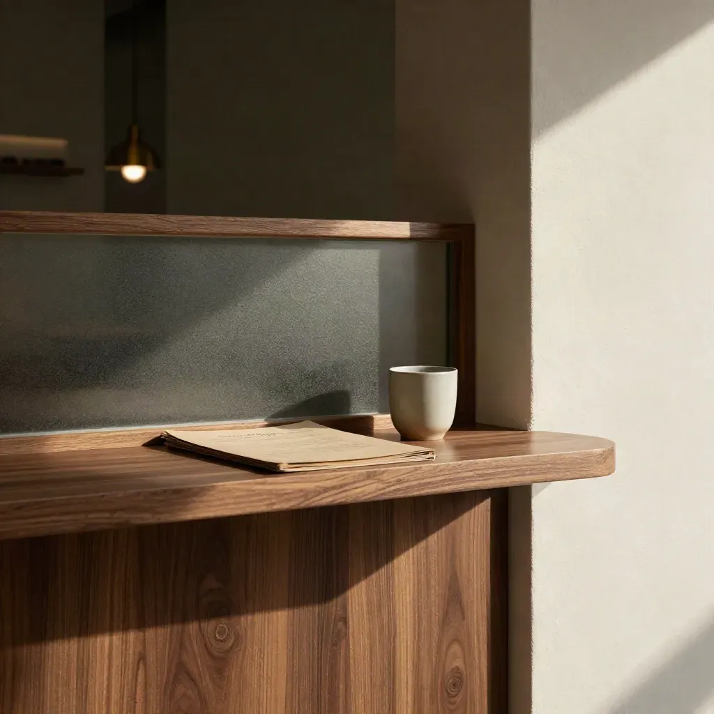 Sudut mesyuarat walnut dengan kaca frosted dan lampu gangsa kabur, cahaya petang lembut.